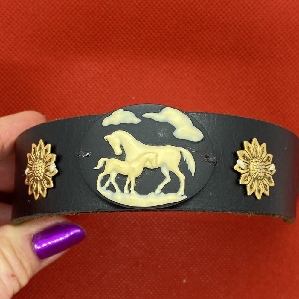 Mare and Foal cameo, black leather cuff bracelet.